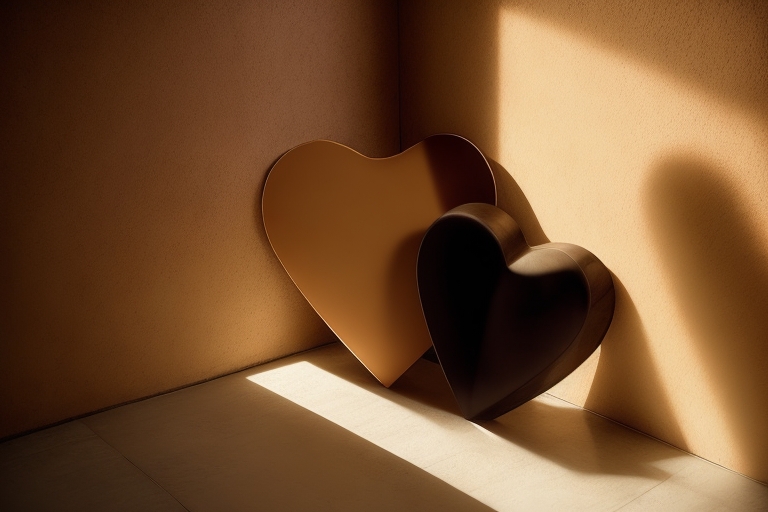 恋愛における「寂しい」という感情の深い背景を象徴する黄金のハートと漆黒のハートが寄り添うオブジェクト