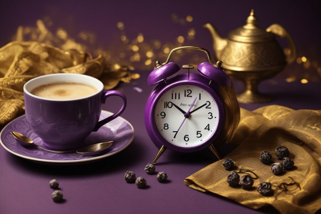 眠れない夜の具体的な原因を象徴するかのような目覚まし時計とコーヒーカップ
